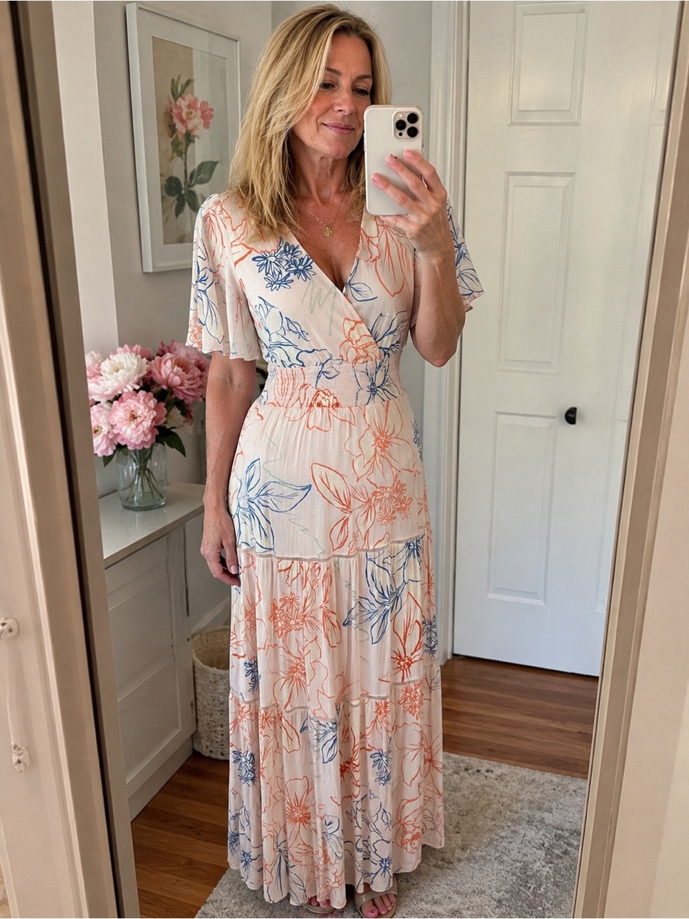lovestitch Cream Maxi Dress with Coral & Blue Floral Print